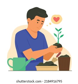 Boy Planting a Sapling of Plant in Plant Pot.