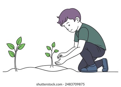 boy planting seeds line with vector illustration on white background.