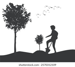 A boy is planting a tree and birds are flying in the sky.