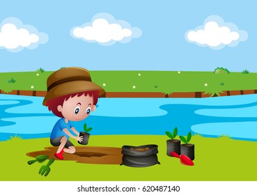 Boy planting tree by the river illustration