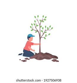 Boy planting tree flat color vector faceless character. Schoolboy caring for garden. Spring seasonal work volunteer isolated cartoon illustration for web graphic design and animation