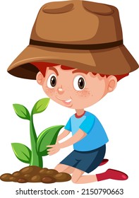 Un niño plantando un árbol en la ilustración de fondo blanco