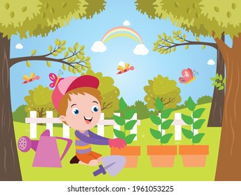 Boy planting trees cartoon 2d vector concept for banner, website, illustration, landing page, flyer, etc.