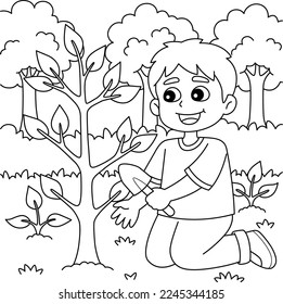 Boy Planting Trees Coloring Page for Kids