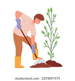 A boy plants a young tree. Concept of gardening, farming. Earth Day.