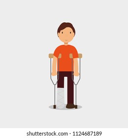 A boy with a plaster cast on crutches. Color vector icon