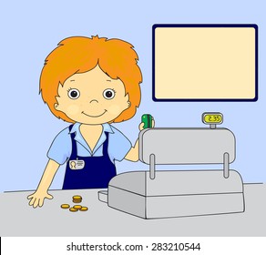 boy with a plastic card at the checkout. Coloring book for children