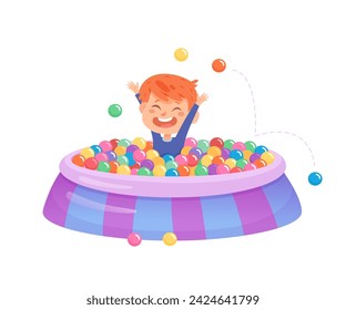 Boy play in balls pool. Kids playground vector illustration. Children game center in mall. Indoor or outdoor kids play zone. Active leisure fun happy childhood concept.