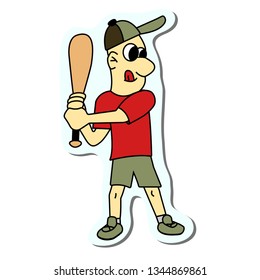 boy play baseball sticker. stock vector illustration