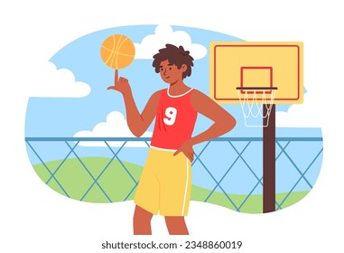 Boy play basketball concept. Teenager in sportwear with ball near basket. Active lifestyle and sports. Competitions and tournament. Sportsman at field. Cartoon flat vector illustration