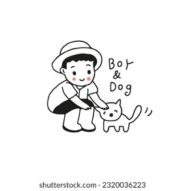 Boy play with dog, outline drawing style vector
