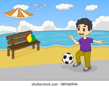 Boy play football at the beach cartoon vector illustration