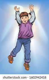 Boy play fun jump up float raise hands. Pop art vector illustration drawing. Comic book work style.