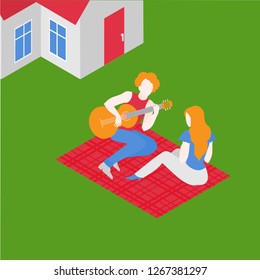 Boy play the guitar for girl on the beach. Isometric man with love song. Valentine day romantic date. Flat couple have picnic. Happy boyfriend and girlfriend dating. Family and love event vector
