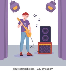 El chico toca la guitarra. Adolescente con instrumento musical parado en escena y actuando. Un guitarrista con guitarra eléctrica toca canciones. Músico talentoso en el escenario. Dibujo vectorial plano de dibujos animados