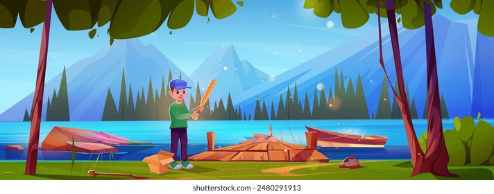 Boy play near mountain lake dock with baseball bat. Boat on rope near wooden pier on river landscape. Wharf summer view in park and kid travel to shore. Alone teenage character on shore near forest