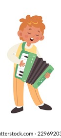 Boy play on accordion vector flat illustration Classic musical instrument