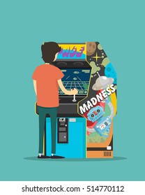 a boy play on a arcade machine. Vector illustration.