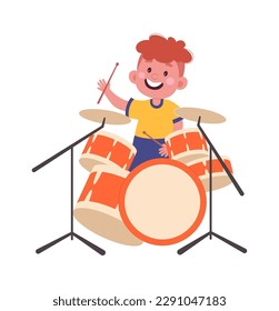 El chico toca con un ícono plano de instrumentos musicales de tambor. Ilustración del vector