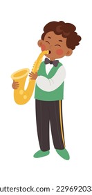 Boy play on saxophone vector flat illustration Classic musical instrument