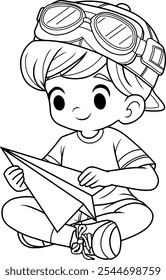 boy play paper plane coloring page .vector illustration on white background