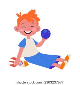Boy play with planet and rocket Astronomy. Vector illustration