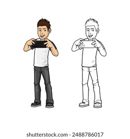 Boy Play Smartphone Cartoon Character Design Illustration vector eps format suitable for your design needs logo illustration animation etc