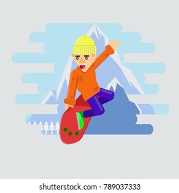 a boy play snowboard jumping on mountain,vector illustration,flat desigh