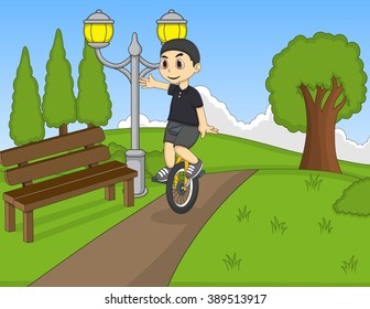 Boy play unicycle at the park cartoon vector illustration