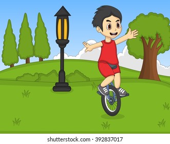 Boy play unicycle at the park cartoon vector illustration