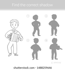Boy playing accordion. Find the correct shadow.Children educational game.Vector illustration. Coloring page.