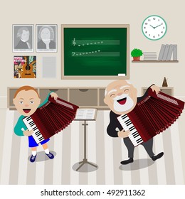Boy playing in accordion with his teacher at musical class. Vector illustration.