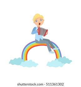 Boy Playing Accordion With Rainbow And Clouds Decoration