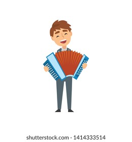 Boy Playing Accordion, Talented Young Accordionist Character Playing Acoustic Musical Instrument at Concert Vector Illustration