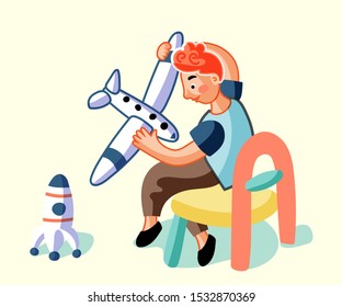 Boy playing with airplane toy flat illustration. Little child holding aircraft cartoon character. Kid in kindergarten room isolated design element. Teenager dreaming to be pilot, astronaut