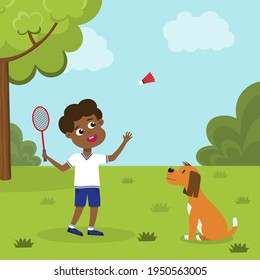 Boy playing badminton. African American kid with badminton racket and shuttlecock playing on green lawn with a dog looking at him. Flat vector illustration.