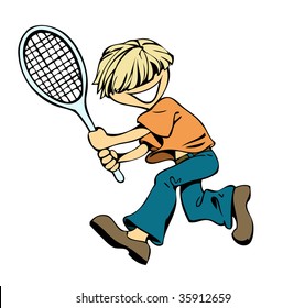 Boy playing badminton and having fun with it