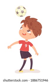 Boy Playing With Ball Above Head At Football Practice. Happy Little Kid Playing Sport In Uniform Vector Illustration. Smiling Child Kicking Ball Above Head On White Background.