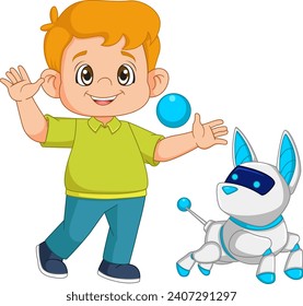 Niño jugando a la pelota con ciberperro en la ilustración
