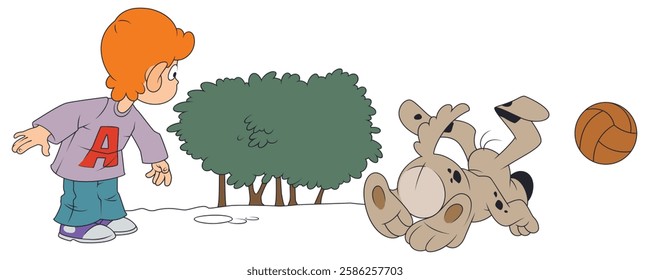 Boy is playing ball with dog. Illustration concept template for website, web landing page, banner, presentation, social, poster, promotion or print media.