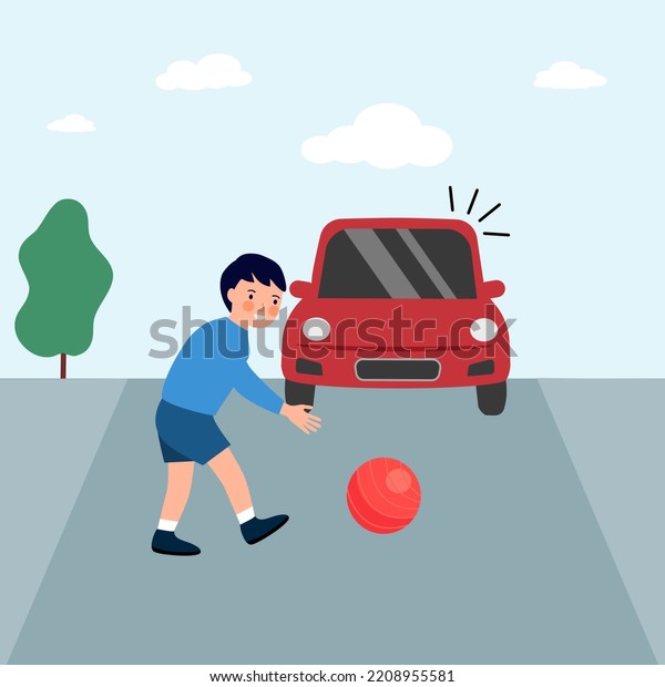 Boy Playing Ball Front Moving Car Stock Vector (Royalty Free ...