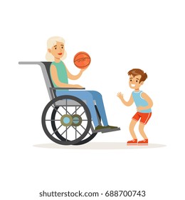 Boy playing ball with grandmother sitting in a wheelchair colorful vector Illustration
