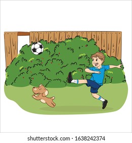 boy playing ball with his dog in garden vector