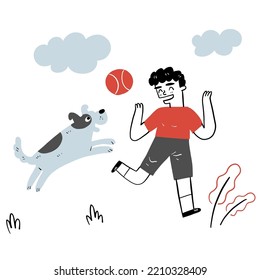 The boy playing a ball with his dog. Hand drawn vector illustration doodle style.