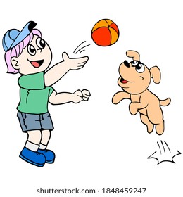 a boy is playing ball with his pet puppy. cartoon illustration sticker mascot emoticon