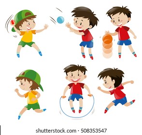 Boy playing with ball and jumping rope illustration