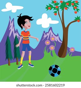 the boy is playing ball looks at apples on the tree
