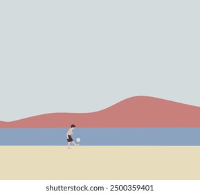 Boy playing ball on the tropical beach. Scenic Summer family vacation Season Vibes. Relax and leisure. Minimal design.