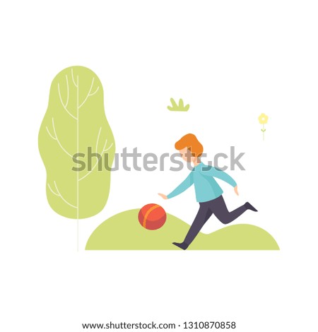 Boy Playing Ball in Park, Kid Having Fun Outdoors Vector Illustration