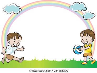 boy playing ball with rainbow in the background